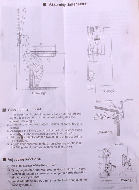Assembly dimensions for Cabinet Door Vertical Swing Lift Up Stay Pneumatic Arm Kitchen Mechanism Hinges with diagrams