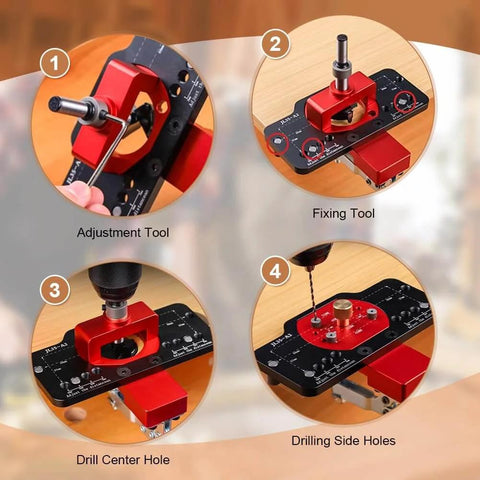Concealed 35mm Cabinet Hinges With Foldable Soft Close Retrofit Design And Drill Locator Tool Kit shown with adjustment and fixing tools