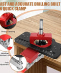 Concealed 35mm Cabinet Hinges With Foldable Soft Close Retrofit Design And Drill Locator Tool Kit on wood with aluminum clamp