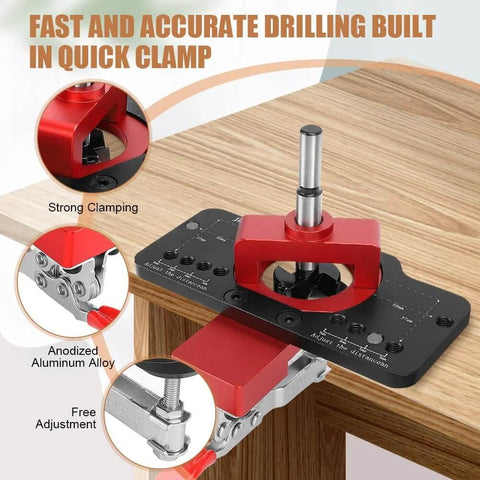 Concealed 35mm Cabinet Hinges With Foldable Soft Close Retrofit Design And Drill Locator Tool Kit on wood with aluminum clamp