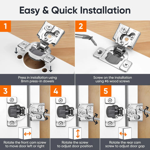 Installation guide for Soft Close Cabinet Hinges For Half Inch Overlay Kitchen Cabinets, 50 Pack Stainless Steel, Decobasics.