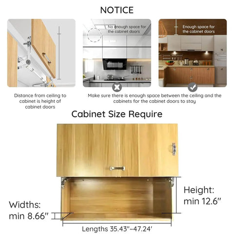 Installation guidelines for Door Hinges Set, showing cabinet size requirements and space considerations for vertical swing lifts.