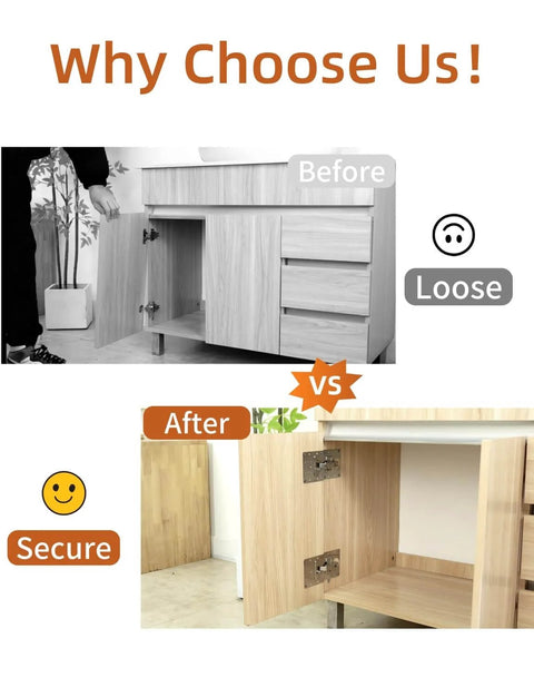 Before and after comparison of cabinet doors using 12Pcs Upgraded Cabinet Hinge Repair Plate Kit Durable Stainless Steel Hinge Mounting Plate With Screws For Kitchen Cabinets Cupboards Doors And Furniture Easy Install Replacement For Loose Hinges