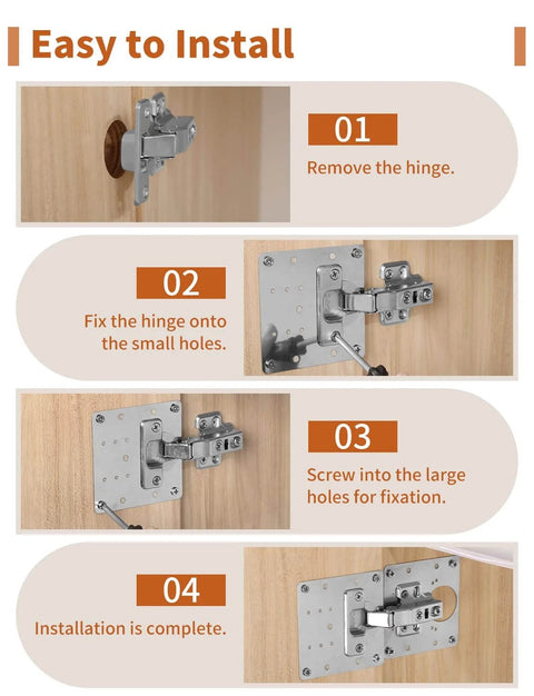 Easy installation guide for 12Pcs Upgraded Cabinet Hinge Repair Plate Kit Durable Stainless Steel Hinge Mounting Plate With Screws For Kitchen Cabinets Cupboards Doors And Furniture Easy Install Replacement For Loose Hinges.