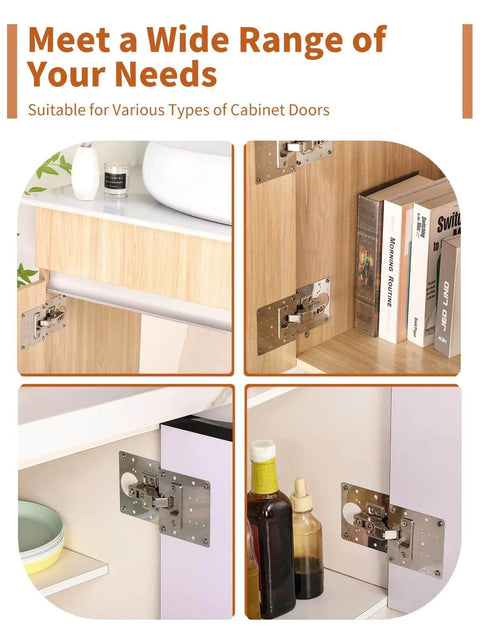 Image showing 12Pcs Upgraded Cabinet Hinge Repair Plate Kit durable stainless steel mounting plates with screws installed on cabinets.