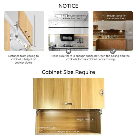 Diagram showing installation of Door Hinges Set,Vertical Swing Lift Up Stay Pneumatic Arm Kitchen Mechanism Hinges with Slow Closing for wide cabinets.