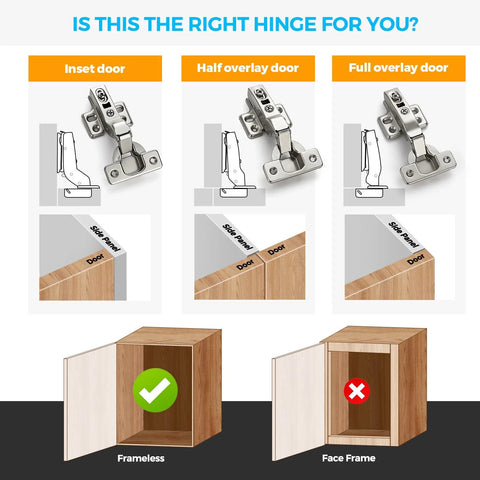 Diagram showing Heavy Duty European Insert Soft Close Cabinet Hinges 20 Pack For Frameless Cabinets with installation examples.