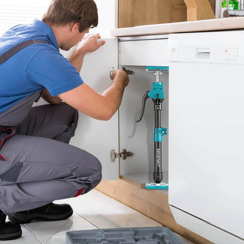 Technician installing cabinet with ✝️ Third Hand Support Pole Heavy Duty, Cabinet Jacks for Installing Cabinets with 285 LBS Capacity
