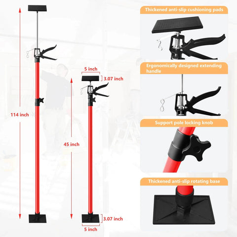 Cabinet Jack for Installing Cabinet，Adjustable 3rd Hand Support Pole Extend from 45 to 114 inches, shown with features and specs