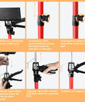 Installation guide for ✝️ Cabinet Jack for Installing Cabinet，Adjustable 3rd Hand Support Pole, red-orange design, steps 1-6.