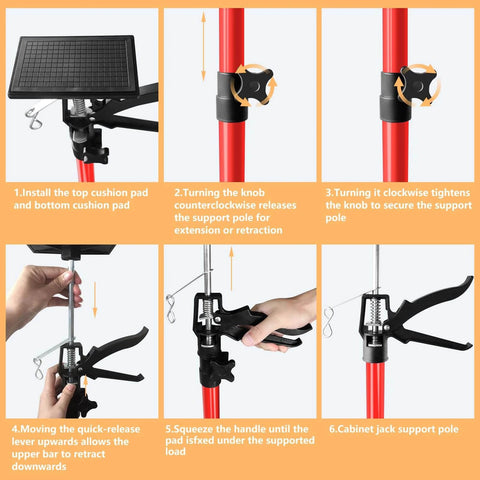 Installation guide for ✝️ Cabinet Jack for Installing Cabinet，Adjustable 3rd Hand Support Pole, red-orange design, steps 1-6.