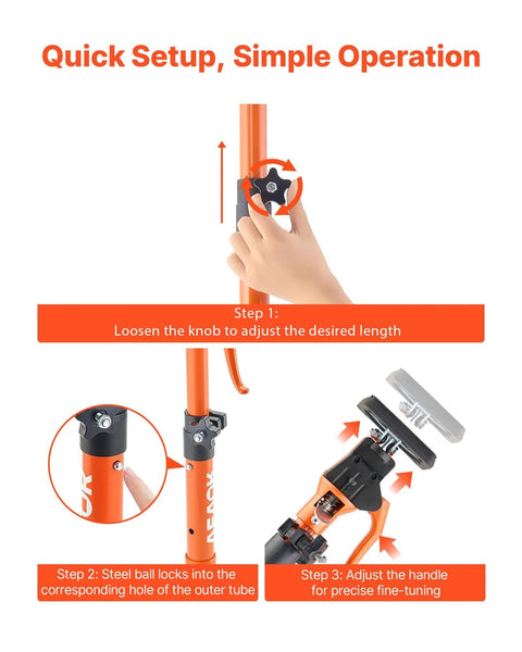 Illustration of adjusting ✝️ Cabinet Jack Support Pole, 2-Pack, 18.9-29.5 Inch Steel Telescopic Quick Support Rod with hand on knob.