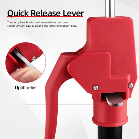 Close-up of a quick release lever on a red Cabinet Jack Support Pole, showing uplift relief mechanism for smooth operation.