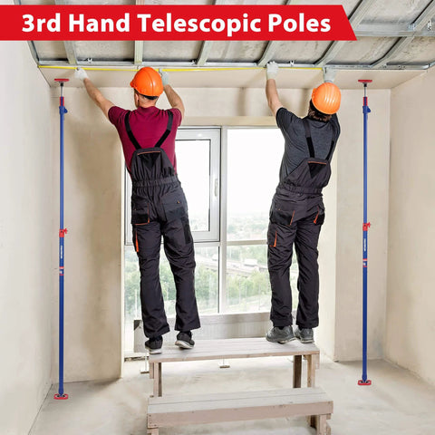 Workers installing ceiling using ✝️ Cabinet Jack Support Pole, 54-114 Inches Steel Telescopic Quick Support Rod Adjustable 3rd Hand.