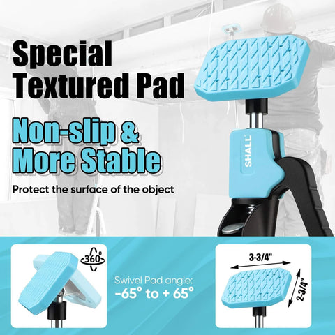 Special textured pad on Cabinet Jack Support Pole for stability and protection in drywall lifting.
