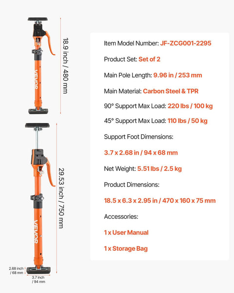 Diagram of ✝️ Cabinet Jack Support Pole, 2-Pack, 18.9-29.5 Inch Steel Telescopic Quick Support Rod, details on dimensions and materials