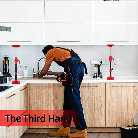 Man installing cabinets using Cabinet Jack Support Pole,2-Pack 11-23 Inch Steel Adjustable Quick Support System Rod,Telescopic Third Hand Tools.