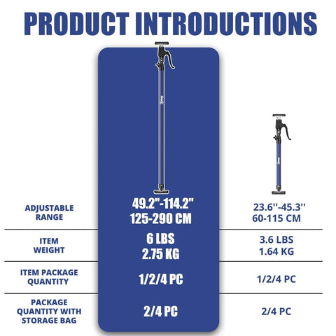 ✝️ Cabinet Jacks for Installing Cabinets, Heavy Duty Third Hand Tools Adjustable Support Pole from 49.2 in to 114.2 in, with dimensions and quantities highlighted