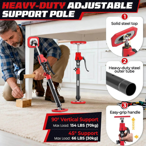 Man using Cabinet Jacks for Installing Cabinets, Heavy Duty Third Hand Tools Adjustable Support Pole from 18.5 in to 29.5 in, 2 PCS
