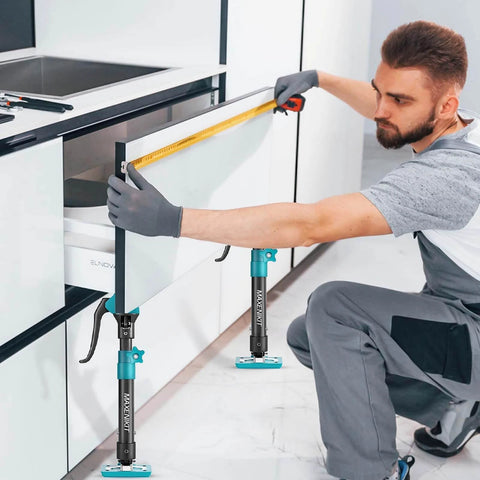 Man using Third Hand Support Pole Heavy Duty, Cabinet Jacks for Installing Cabinets with 285 LBS Capacity in a kitchen setting