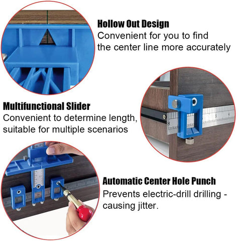 Cabinet Hardware Jig With Automatic Center Punch for precise handle and pull installations, featuring hollow design and slider.