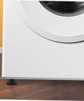 Close-up of a washing machine installed with heavy duty cabinet leveling feet set of four with screw adjustment rubber pads on wooden floor.
