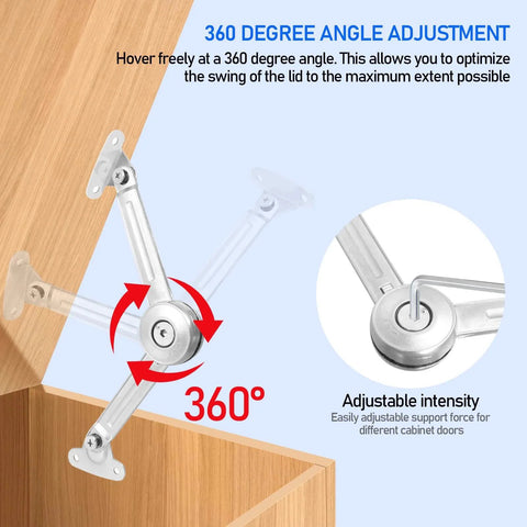 2 Pack Cabinet Lid Support Hinge, 50 lb Soft Close for Toy Box, showcasing 360-degree angle adjustment on a wooden lid