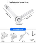 2 Pack Cabinet Lid Support Hinge, 50 lb Soft Close with accessories, shown with dimensions in chrome zinc alloy
