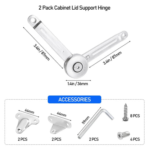 2 Pack Cabinet Lid Support Hinge, 50 lb Soft Close with accessories, shown with dimensions in chrome zinc alloy