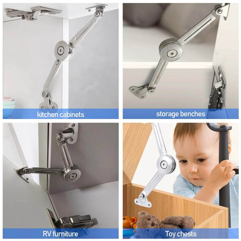 2 Pack Cabinet Lid Support Hinge, 50 lb Soft Close for Toy Box, Chest, Cabinet and RV, showing installation in various furniture