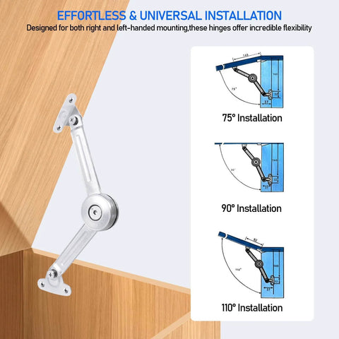 2 Pack Cabinet Lid Support Hinge, 50 lb Soft Close for Toy Box, Chest, Cabinet and RV, showing installation angles and positioning.