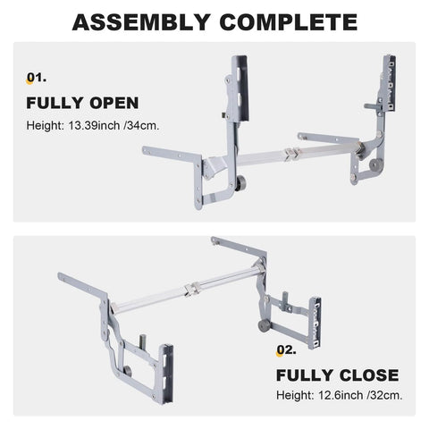 Cabinet Door Lift up Hinge assembly open and close view showing pneumatic arm in kitchen mechanism hinges.