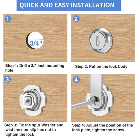 Installation steps for 2 Pack 2-1/8 Inch Cam Lock Set For Thick Cabinets And Drawers RV Storage And Tool Boxes Keyed Alike