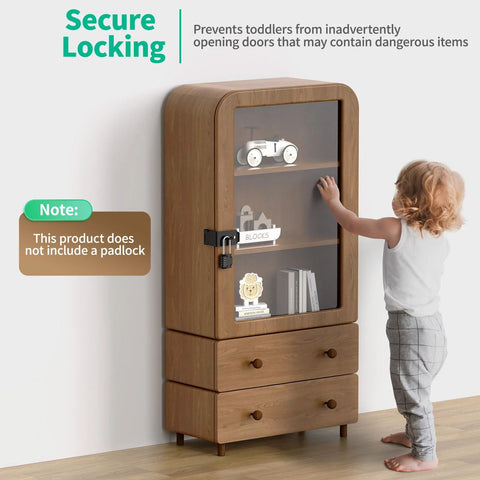 Toddler trying to open a cabinet secured with 90 Degree Heavy Duty 304 Stainless Steel Padlock Hasp Lock For Right Angle File Cabinets