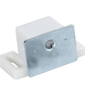 Close-up of Heavy Duty 15Lb High Rise Cabinet Magnetic Catch in white nickel finish with metal strike plate