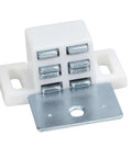 White nickel finish Heavy Duty 15Lb High Rise Cabinet Magnetic Catch with metal strike plate, showing secure latching design.