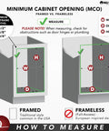 Diagram showing how to measure for a framed or frameless cabinet installation with focus on width, depth, height dimensions.