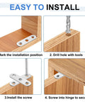 Installation guide for Beefy 10 Pack 360 Degree Rotating Pivot Hinges showing drilling and screwing steps in wood cabinet.