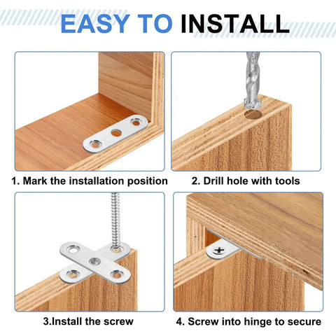 Installation guide for Beefy 10 Pack 360 Degree Rotating Pivot Hinges showing drilling and screwing steps in wood cabinet.