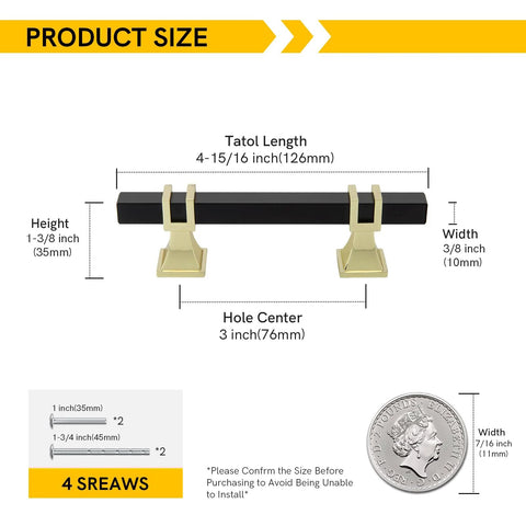 Diagram of 10 Pack Cabinet Pulls 3 Inch Hole Centers 5 Inch Overall Length with dimensions and coin for size reference.