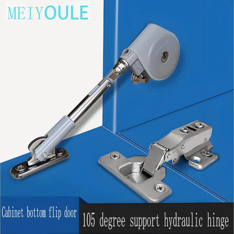 Front Desk Soft Open Cabinet Hinge Pull-Down, 105 ° Pull-Down Support Hinge mounted on blue cabinet, MEIYOULE 2-piece set