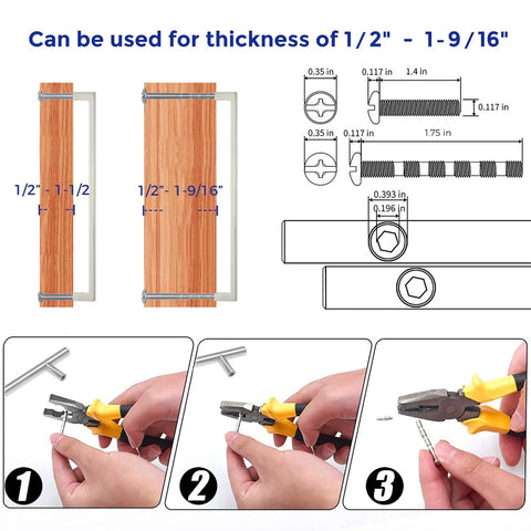 Diagram of installation for 30 Pack 10 Inch Solid Square Cabinet Pulls in Brushed Nickel with assembly tools and instructions.