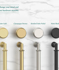 Comparison of cabinet pull finishes in matte gold, champagne bronze, brushed satin nickel, and matte black on a marble background.