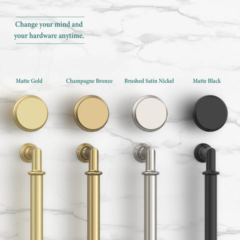 Comparison of cabinet pull finishes in matte gold, champagne bronze, brushed satin nickel, and matte black on a marble background.