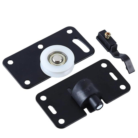 Two Set Cabinet Sliding Door Pulley Roller Hardware Kit With Silent Nylon Bottom Wheels And Top Switch Pulleys in black steel plates.