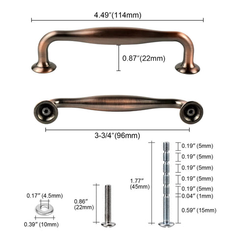 Dimensions and details of 6 Pack Cabinet Pulls 96mm Brushed Red Copper Antique Finish Solid Zinc Alloy Drawer Handles