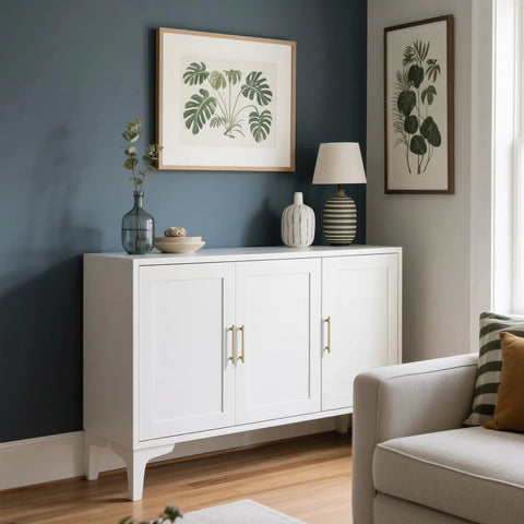 White cabinet with Champagne Bronze Modern Cabinet Pulls 3 Pack 6.5 Inch Total Length 5 Inch Center Bar Pulls, installed in living room.