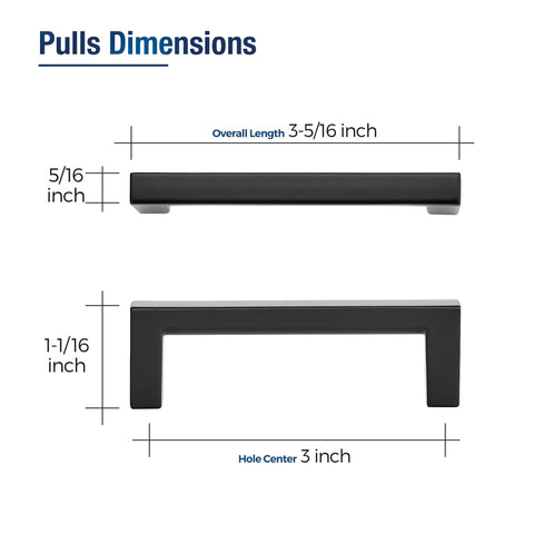 30 Pack Cabinet Pulls Slim Square Bar 3 Inch Hole Center Matte Black Solid Build Modern Look dimensions