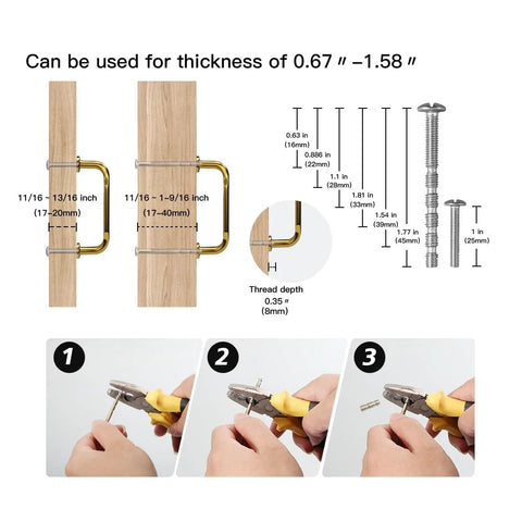 Installation diagram for 10 Pack Champagne Bronze Cabinet Pulls 3 Inch Center Hole Solid Zinc Alloy Dresser Handles with screws.