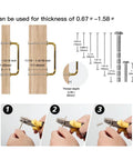 Diagram showing installation sizes for Six Pack Champagne Bronze Top Cabinet Pulls with images of tools adjusting pull fittings.